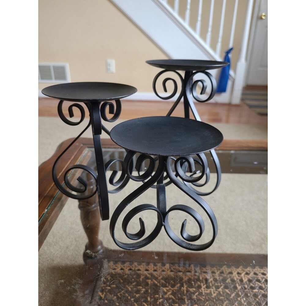Lot of 3 Black Metal Pillar Candle Holders  4” Dia Graduated Heights